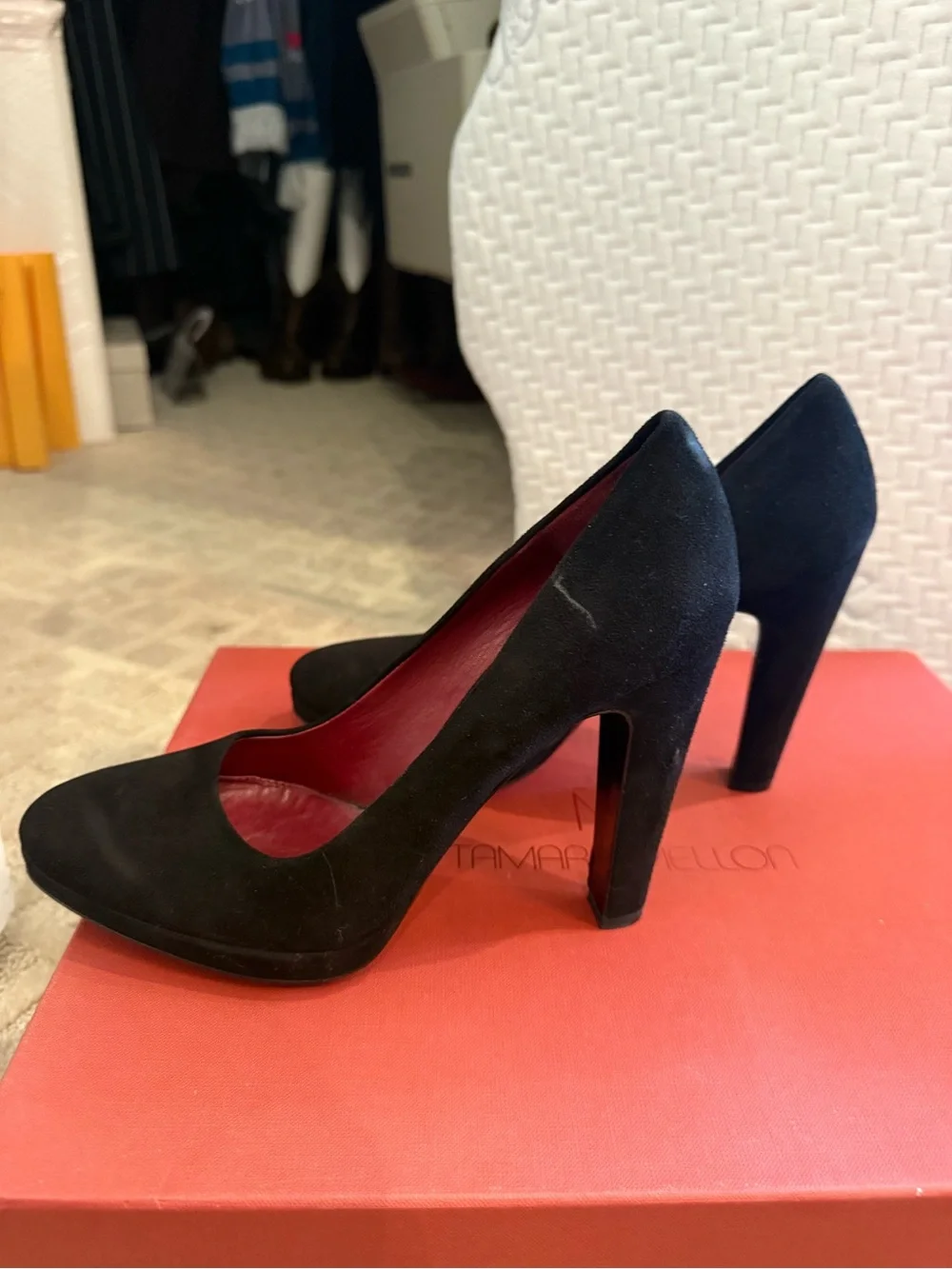 Prada Black Suede Pointed-Toe High Heels with Burgundy Interior